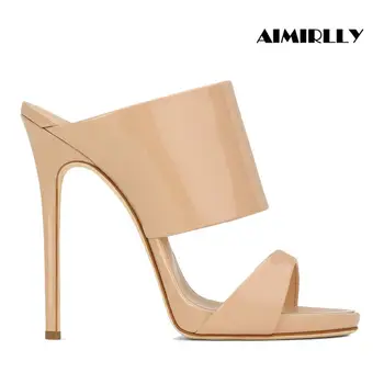 

High Heel Sandals Patent Leather Mule Spring Summer Women Metallic Shoes Nude Rose Gold Slip On Big Chart 12cm Size 15 16 17
