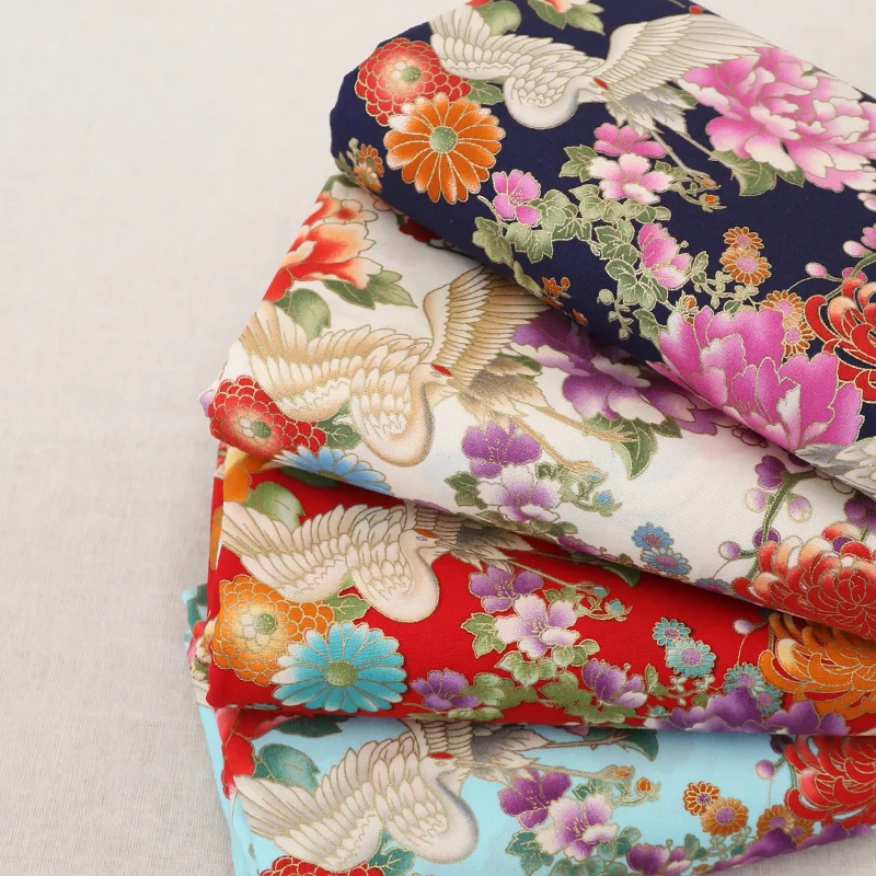 

100% Cotton Fabric for DIY Quilts/Cushioon Covers Japan Style Floral and Crane Prints Bronzed Sewing Fabric for Kimono