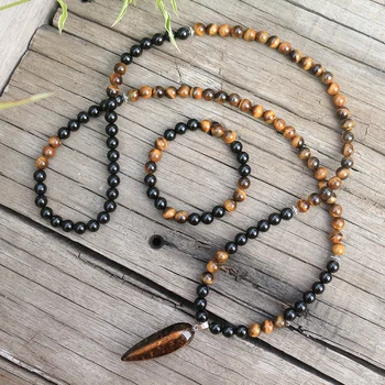 

8mm Natural Stone Beads,Black Onyx,Tigers Eye,Protective,JapaMala Sets,Spiritual Jewelry,Meditation,Inspirational,108 Mala Beads