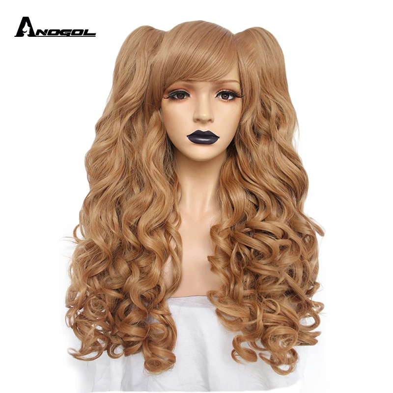 

ANOGOL High Temperature Fiber Lolita Long Body Wave Black Blonde Brown Cosplay Wig Side fringe Synthetic Wig with 2 Ponytails