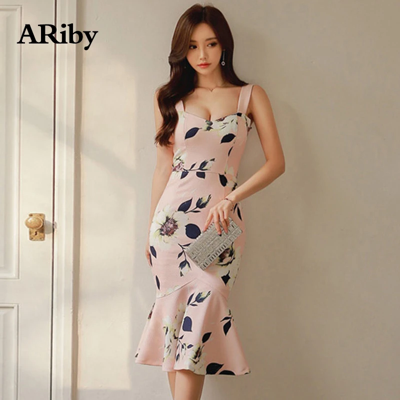 

Women Dress Sexy Bodycon Dress 2019 Summer New Elegant Sexy Backless Printed Bag Hip Lotus Leaf Edge Mid-Calf Slim Sling Dress