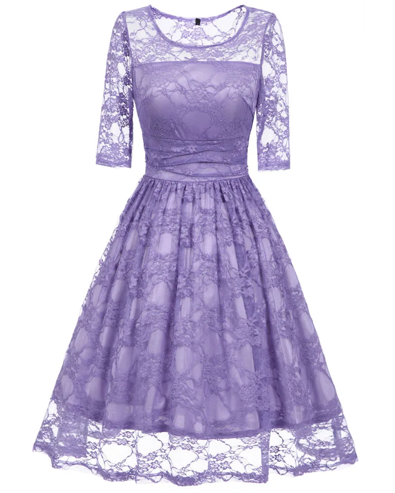 Jli May Women Lace Dress Light Purple Solid Slim O Neck Midi Half