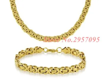 

Mens Chain Boys Gold Tone Flat Byzantine 8mm Wide Stainless Steel Bracelet Necklace SET Wholesale JEWELRY Fashion Gift