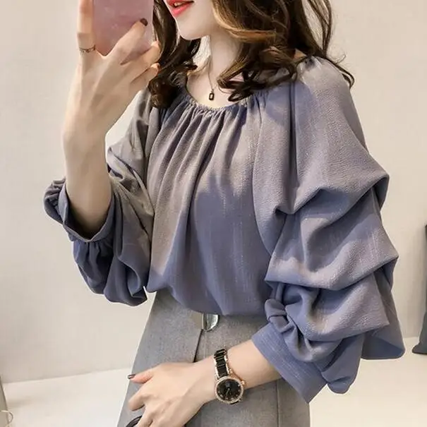 

M-4XL Plus Size Chiffon Blouse 2018 New Fashion Lantern Sleeve Shirt Women Tops O-neck Vintage Loose Blusas Mujer DW16