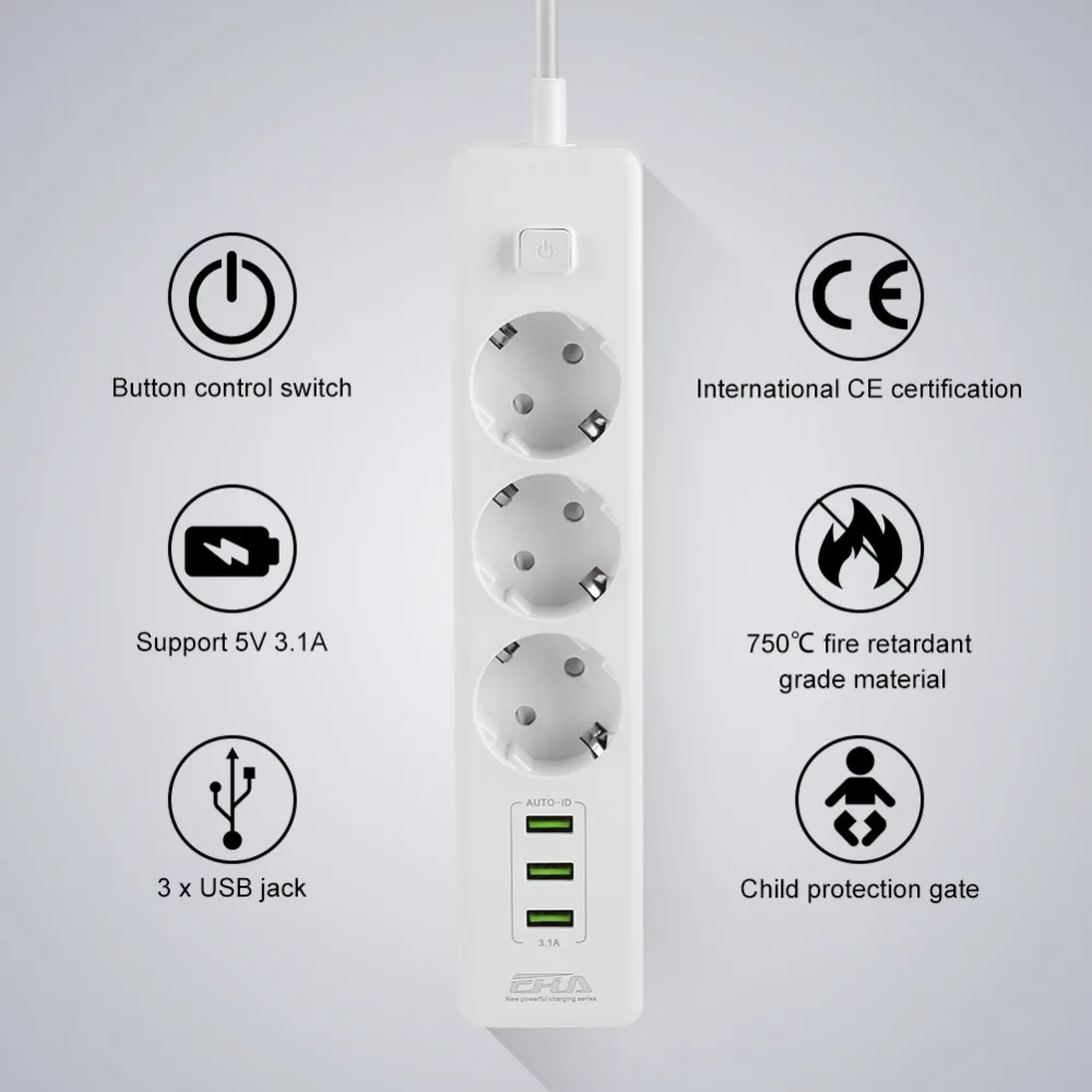 

3 port 3 socket wall socket overload protection EU plug smart USB utility power board