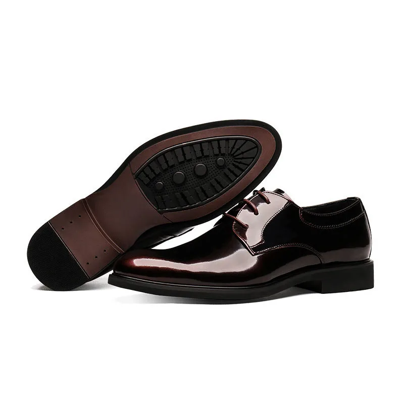 

Wine Red Black Patent Leather Men Dress Shoes England Genuine Leather Derby Shoes Pointed Wedding Lace-up Pointed Toe Shoes