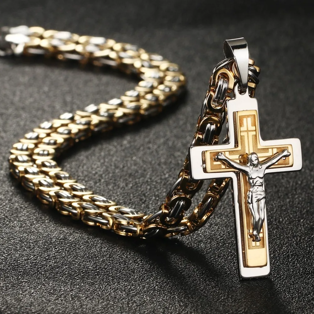 Men's Stainless Steel Jesus Christ Holy Crucifix Cross Pendants Necklaces Catholic Long Chain Necklaces Boys Gifts Jewelry NC011