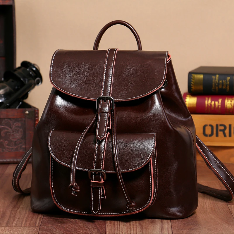 

women vintage 100% Genuine Leather backpack fashion girl brown large school backpacks real cow leather travel bag ladies mochila