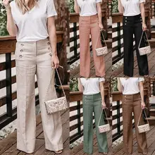 ¡NOVEDAD DE VERANO DEL 2019! pantalones de piernas anchas de algodón y lino de talla grande 3XL para mujer, pantalones con botones y cintura alta informales sólidos para mujer