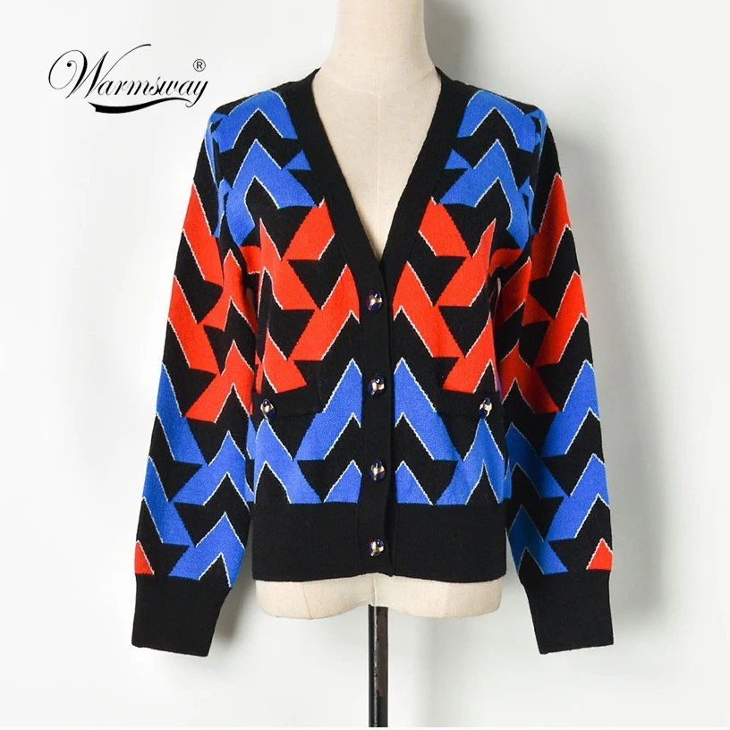 

Luxury Designer Brand Knitted Cardigans Women 2019 Fall V neck Contrast Diamond Lattice Loose Knit Sweater outwear C-263