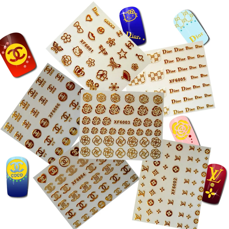 

3D Gold Color Nail Stickers Self-Adhesive Sticker Brand nail design Decal Art Stickers On The Nails Of The Inscription 2019