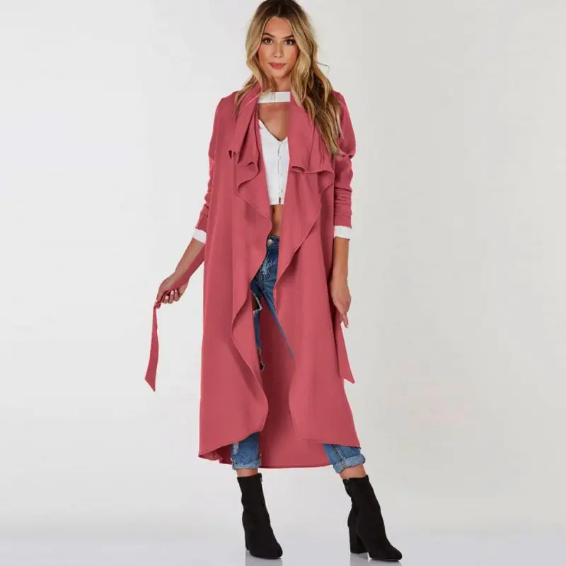 

Solid Black Pink Autumn Women New Coffee Lapel Long Sleeve Trench Coat Ladies Open Front Tie Waist Casual Long Outerwear Coats
