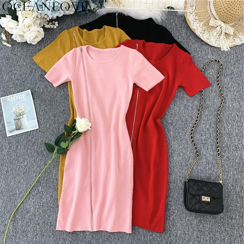 

OCEANLOVE Solid Zipper O-neck Knitted Dress Women Short Sleeve Thin Summer 2019 Vestidos Stretch Bodycon Sexy Dresses 12231
