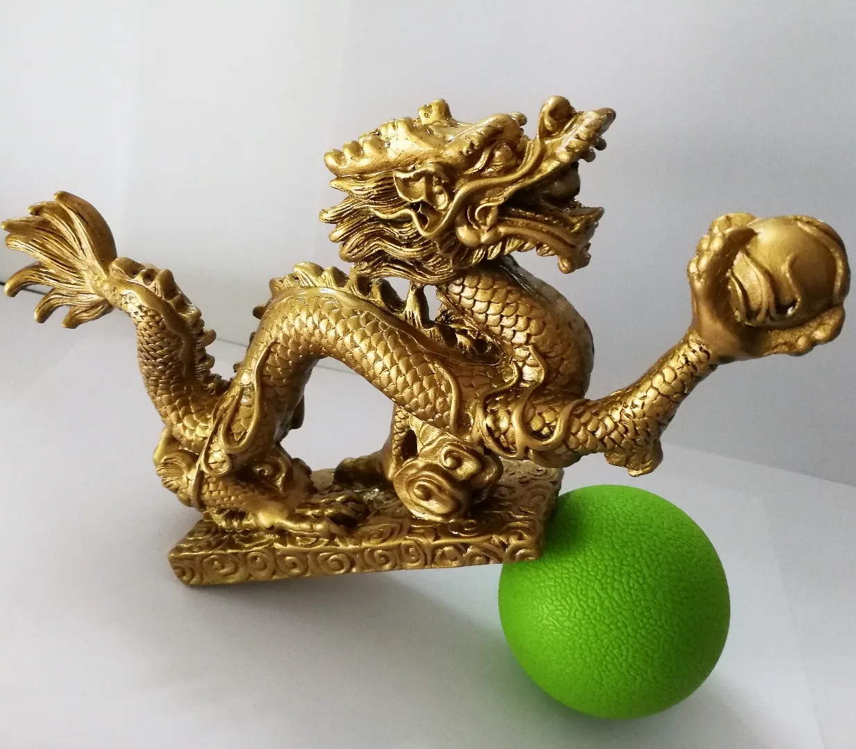 Copper Dragon Figurine Holding a Ball Chinese Geomancy Gold