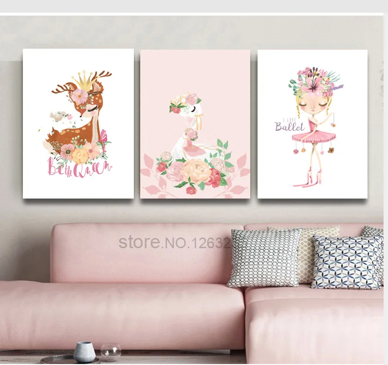 Ballet Princess Nursery Nordic Poster Swan Wall Art Canvas Painting Wall Pictures For Children Room Kids Gifts Cuadros Unframed
