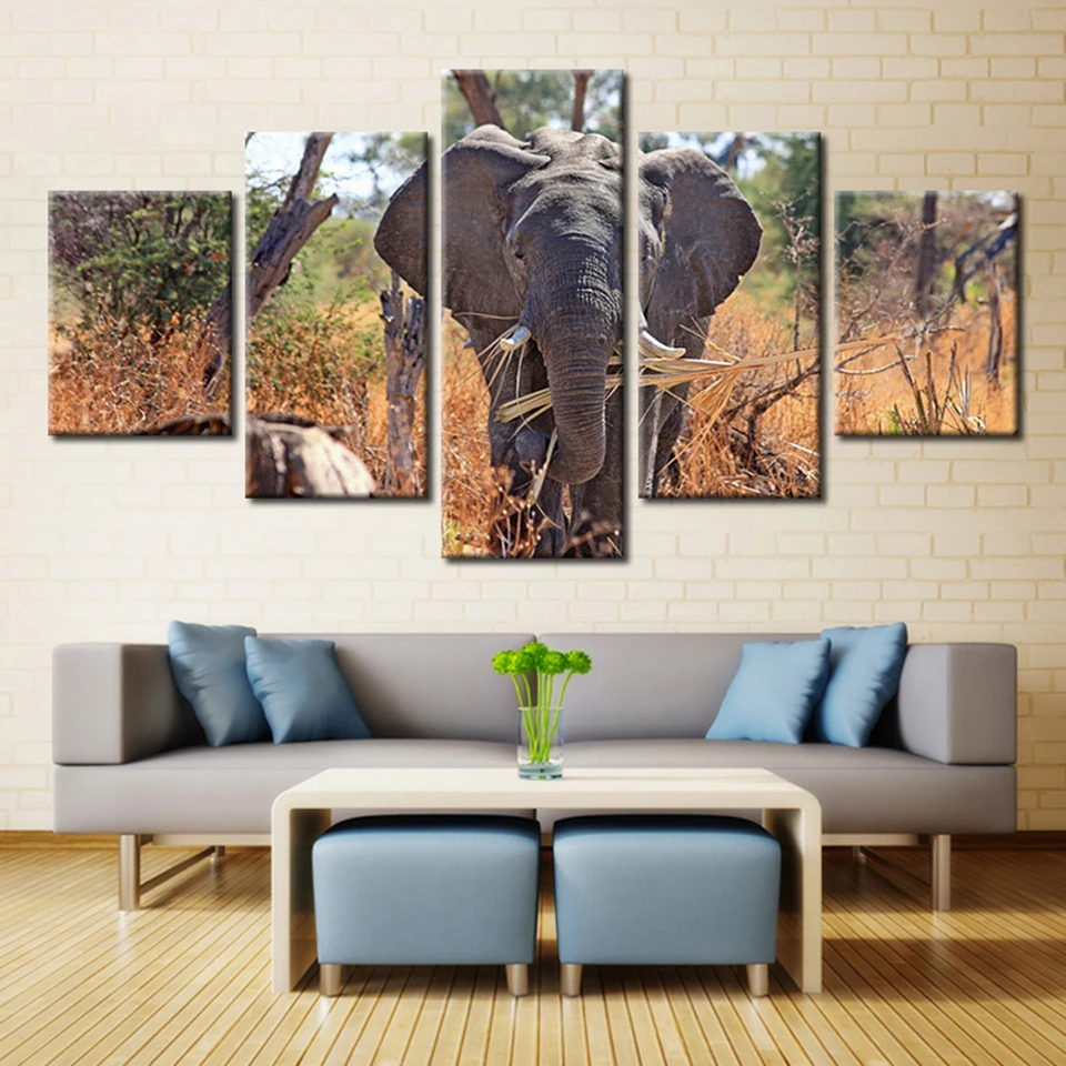 

Home Decor Pictures Wall Art HD Printed Canvas Poster 5 Panel Elephants Landscape Living Room Modular Cuadros Painting Framed