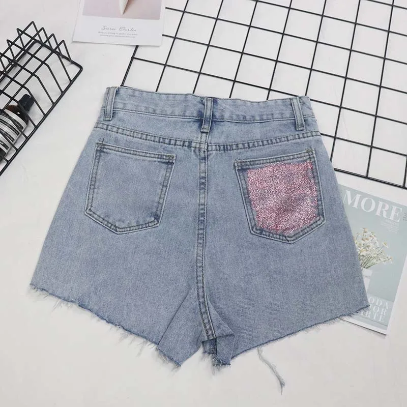 

Women's Denim Shorts Classic Vintage High Waist Blue Wide Leg Casual Glitter Sequin Hole Summer Ladies Shorts Jeans For Women