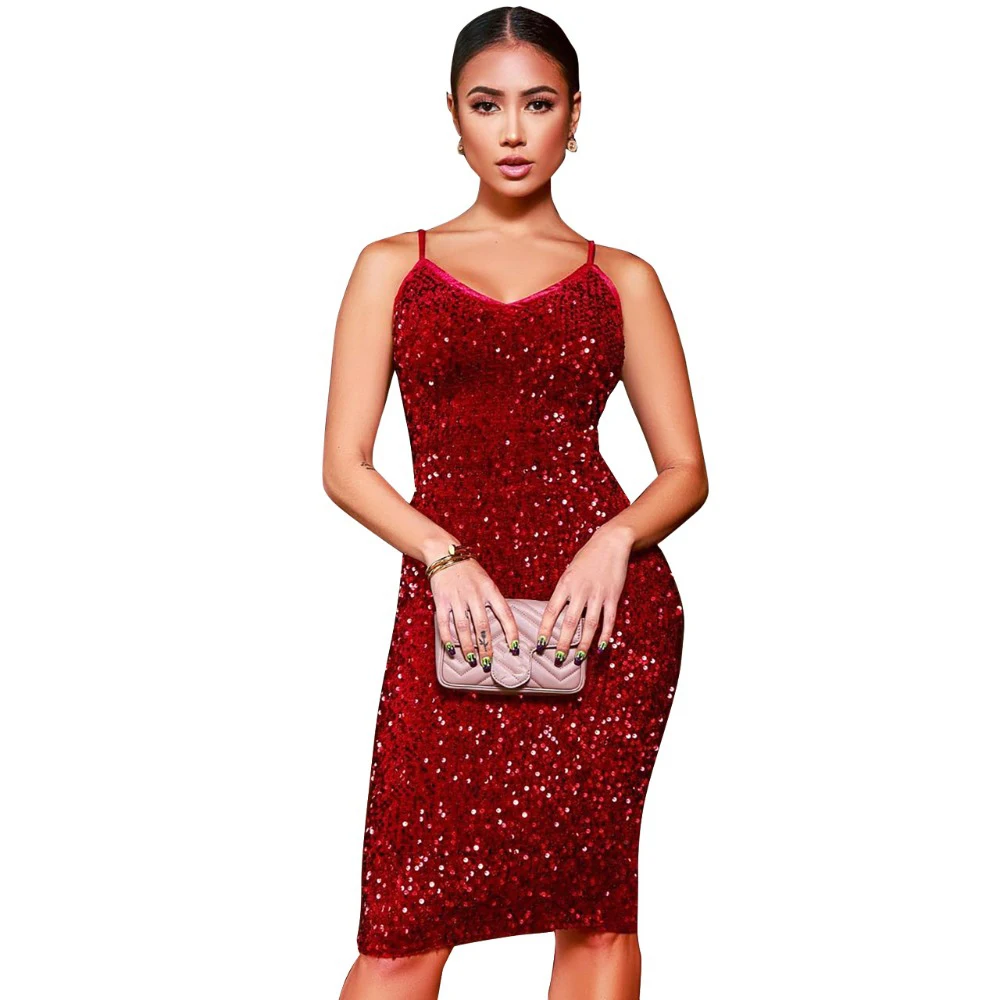 Elegant Sparkle Sequined Women Dress Sexy V Neck Spaghetti Strap Knee Length Bodycon Dress Women
