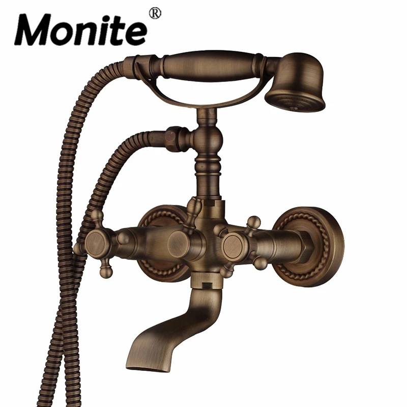 Monite, настенный античный латунный душевой набор, насадка и ручной душ, ванная комната, двойная ручка, двойное отверстие, смесители для ванной, душевой набор