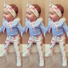Коллекция года, осенняя одежда для маленьких девочек комплект из 3 предметов, повязка на голову+ футболка+ штаны с цветочным рисунком футболка с цветочным принтом и штаны комплекты одежды для малышей Детский комплект из 3 предметов