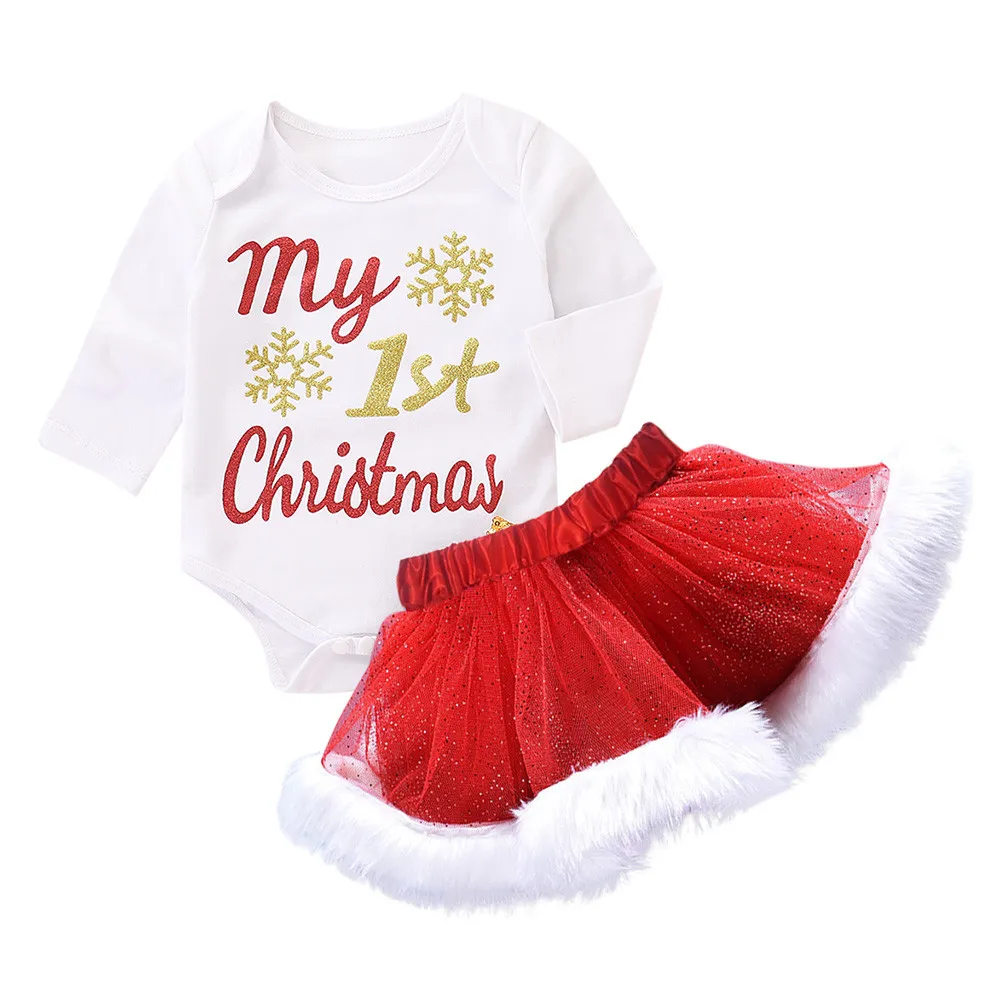 

Baby Girls Clothes Kid 2PCS Sets Christmas Letter Romper Tutu Skirt Toddler Long Sleeve Newborn Baby Clothing 18Oct23