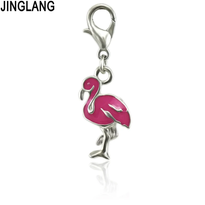 

JINGLANG New Fashion Pink Flamingo Enamel Charms For Jewelry DIY Making Pendants Accessories 1 pcs