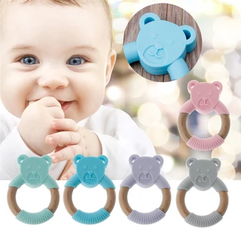 

Beech Wooden Animals Teething Ring BPA Free Silicone Teether Children Teething Nursing Toys Newborn Sensory Toy