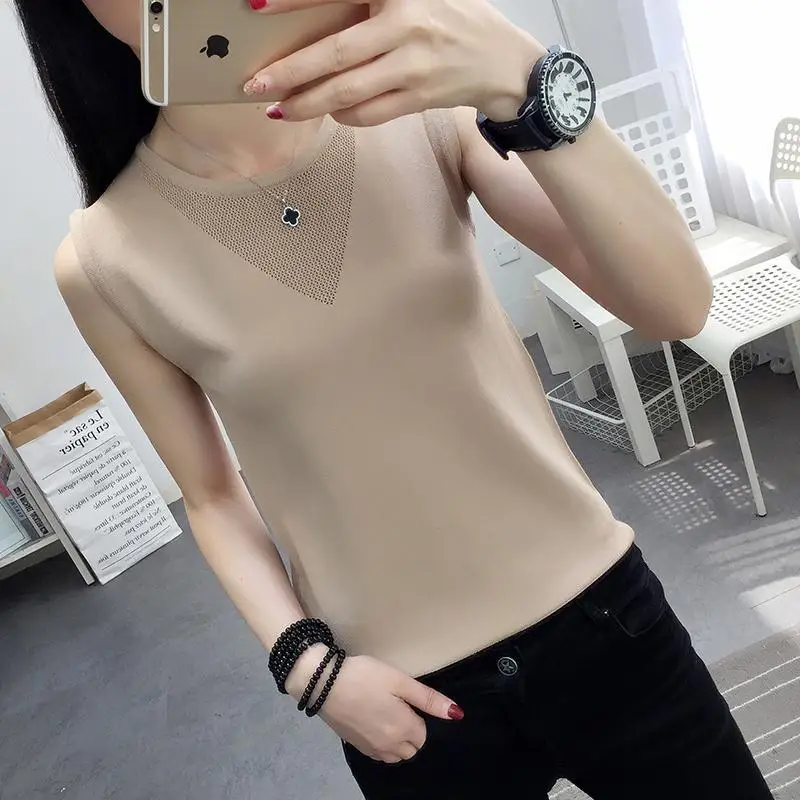 

Summer Tank Top Women V Neck Ice Silk Tank Top Korean Version Wild Yellow Tops Vestidos Hollow Knit Tank Top Casual Shein