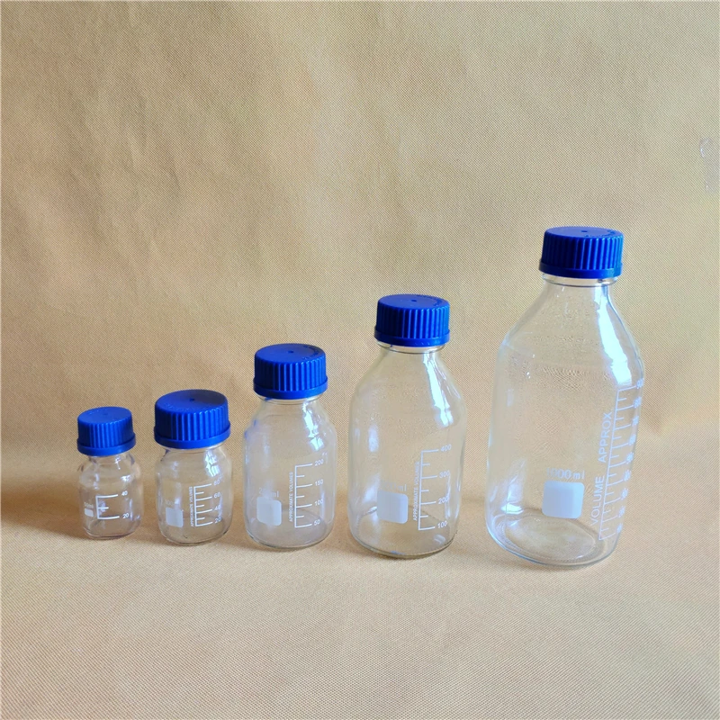50 мл бутылка для реагента, Градуированные бутылки для хранения с голубой винтовой крышкой GL45, прозрачная стеклянная бутылка