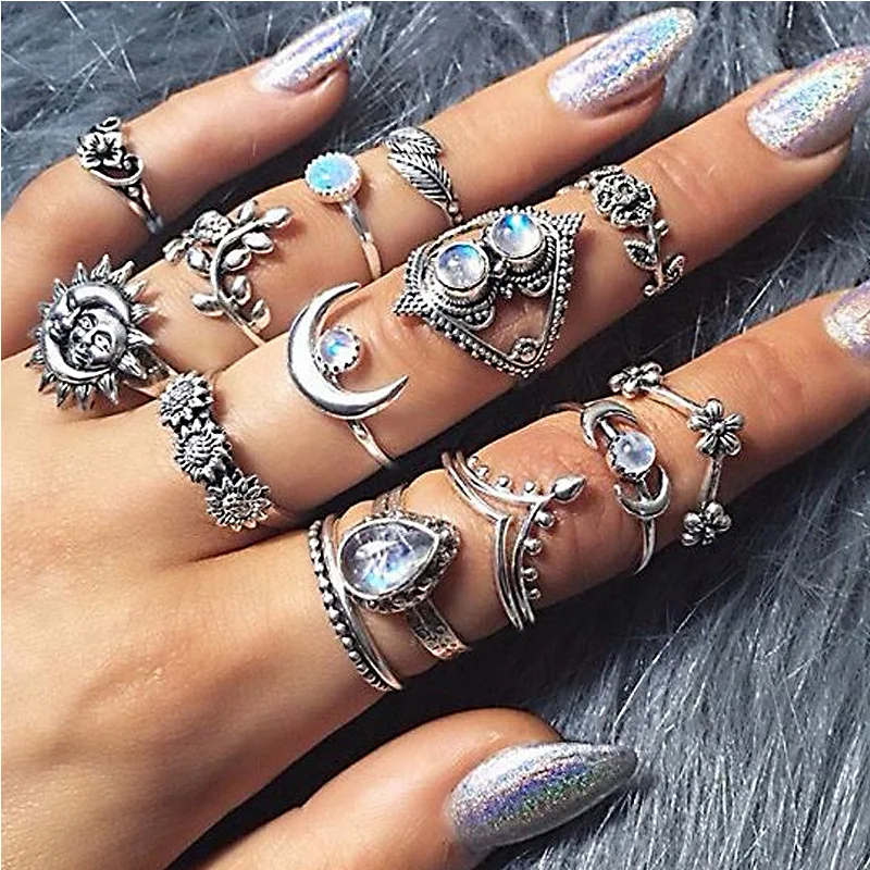 14pcs/Set Boho Big Sun Moon Flower Rings for Women Silver Color Crystal Knuckle Finger Midi Set Punk Fashion Jewelry Party | Украшения и