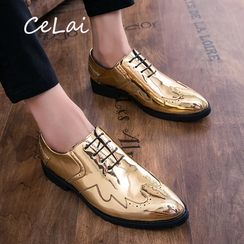 

CeLai 2019 New Male Quality Patent Leather Shoes Gold Wedding Shoes Size 37-44 Black Leather Soft Men Dress Shoes krasovki A-077