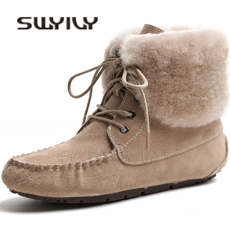SWYIVY Snow Boots Woman Thick Fur 2018 Winter Ankle Boots Flat Leather 2018 Lady Fashion Warm Shoes Comfortable Snow Boots Plush