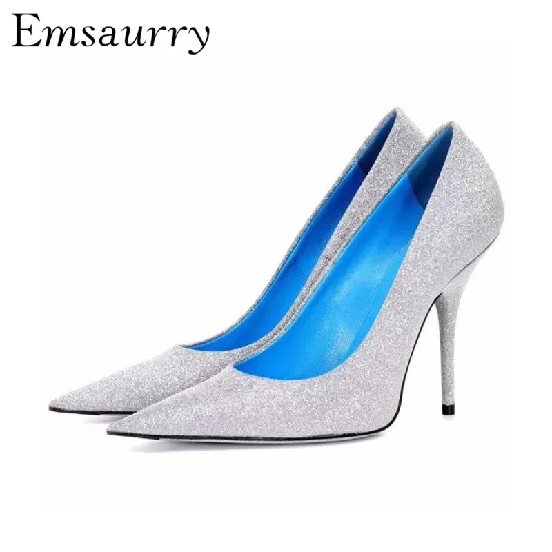 

Bling Sequins Women Pumps Stiletto Heel Sexy Pointed Toe Shallow Mouth Silver Glitter Party Shoes Woman