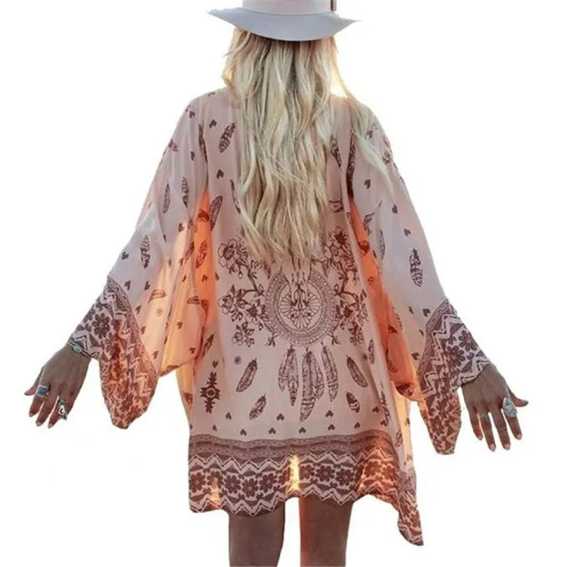 Women Spring Summer Sexy Boho Floral Printed Chiffon Loose Female Shawl Kimono Cardigan Tops Cover up Blouse #4M21 (15)