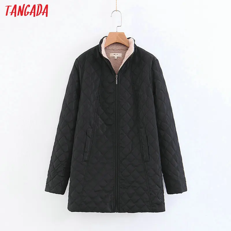 

Tangada women long black parkas plus size thick cotton padded zipper winter thick coat XXL stand neck warm female overcoat 2Z01