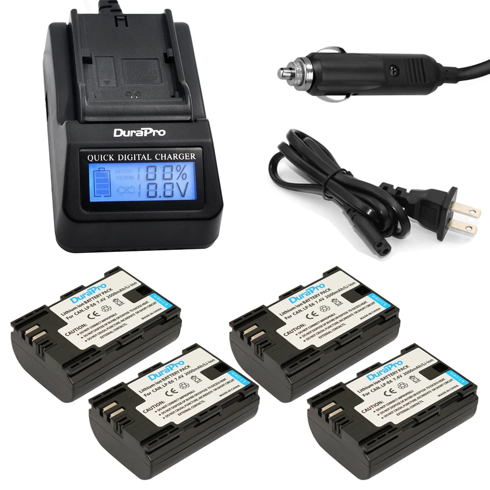 

4pc LP-E6 LP E6 LPE6 LP-E6N 2000mAh Rechargeable Li-ion Battery + LCD Quick Charger For Canon 5D Mark II III 7D 60D EOS 6D