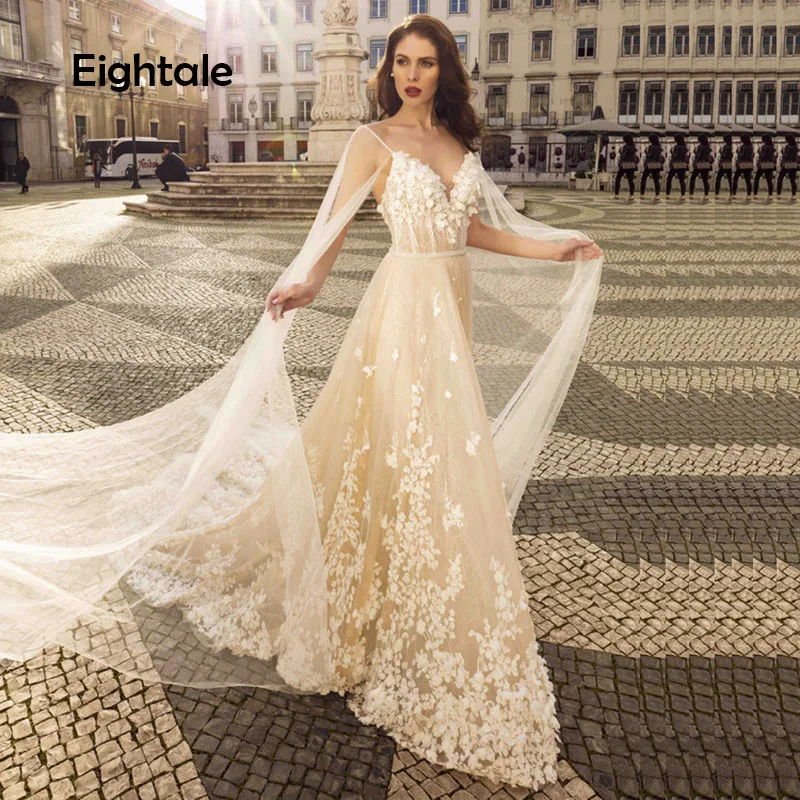 

Eightale Luxury Champagne Wedding Dresses Boho V-neck Sexy Wedding Gowns A-Line Appliques Lace Tulle Bride Dress 2019