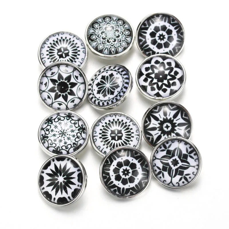 

10pcs/lot Mixed Bohemia Black Pattern&Styles Charms 12mm 18mm Exotic Glass Snap Button For DIY Bracelet Snaps Jewelry 050705