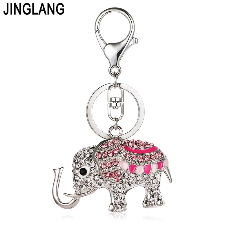 

JINGLANG Silver Color Lobster Clasp Keyring Crystal Enamel Elephant Charms Keychains For Women Handbag Pendants Jewelry