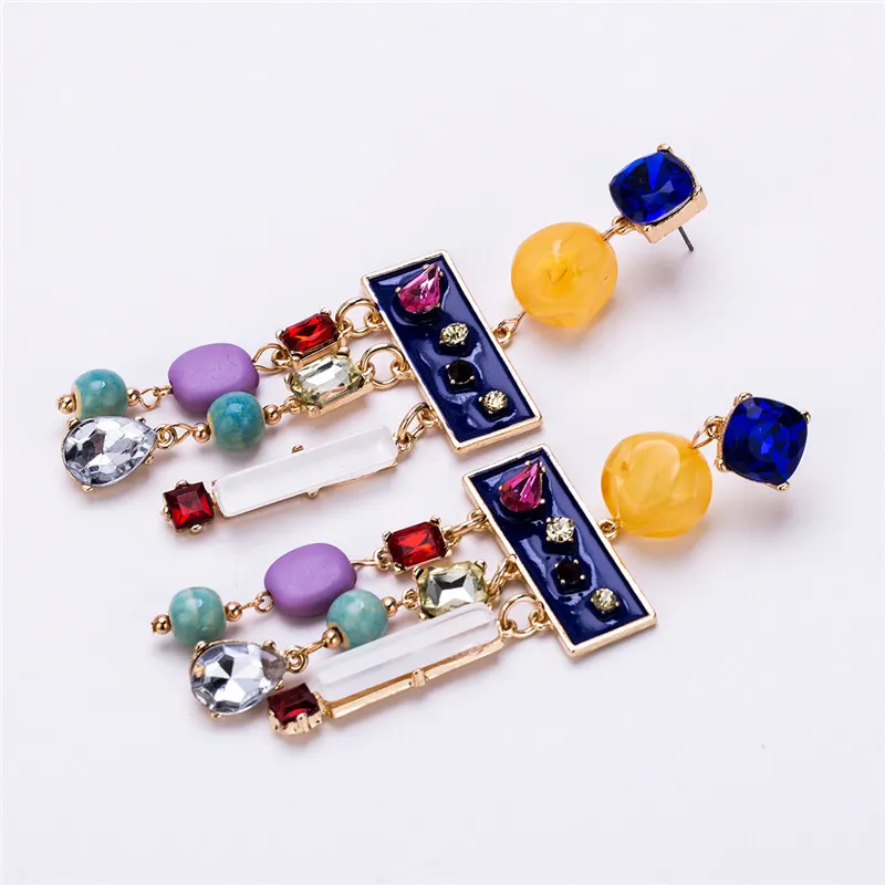 Candy Color Resin Stone Long Chain Crystal Drop Earrings Women Bohemian Statement Big Water Drop Geometric Dangle Earrings 2018