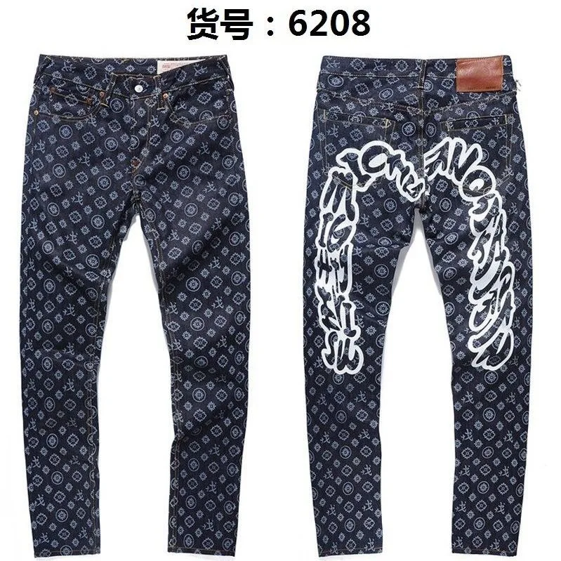 Аутентичные дышащие высококачественные модные мужские брюки Evisu, теплые прямые мужские брюки с принтом