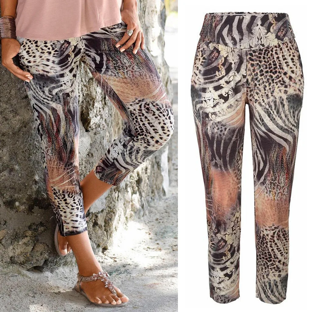 

Bohemia Women Pants Leopard Ankle Length Pant High Waist Legging Slim Trousers Vacation Capris Elastic Waist Pantalones Sexy