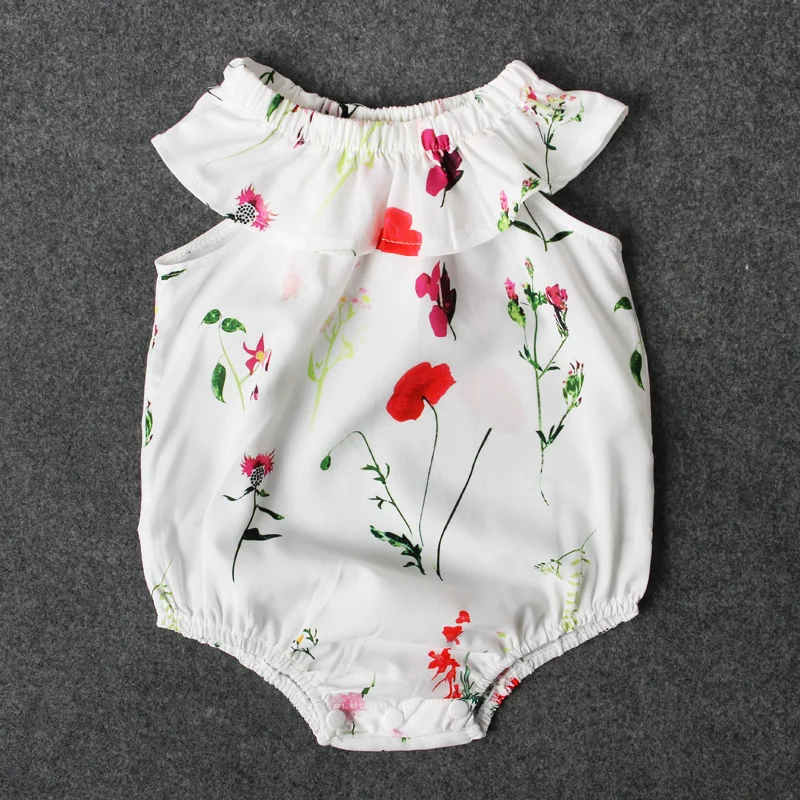 

Baby Girl Clothing White Floral Print Ruffles Collar Baby Bodysuit Sleeveless Infant Cotton Summer Newborn Clothes