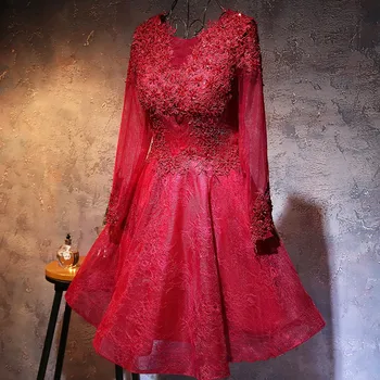

Sexy Red Long Sleeves V-Neck Lace Applique Pearl Beaded Prom Dresses Lace Organza Short Mini V-Neck Party Gowns Fast Shipping