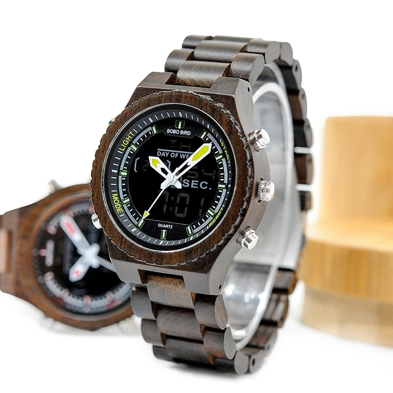BOBO BIRD LED Digital Wood Case Watch Men Dual Display Quartz Watches Man Luxury relogio masculino in Bamboo Gift Box W-P02