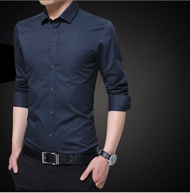 BROWON Для мужчин Модная блуза рубашка с длинным рукавом Бизнес социальной рубашка одноцветное Цвет отложным воротником-образным вырезом