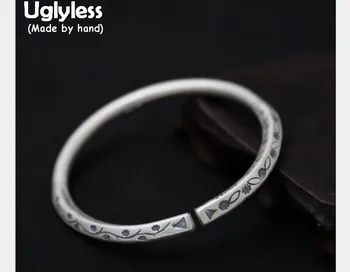 

Uglyless Real S990 Fine Silver Women Ethnic Opening Bangles Asymmetric Round Square Mixed Bangle Engraved Totem Patterns Jewelry