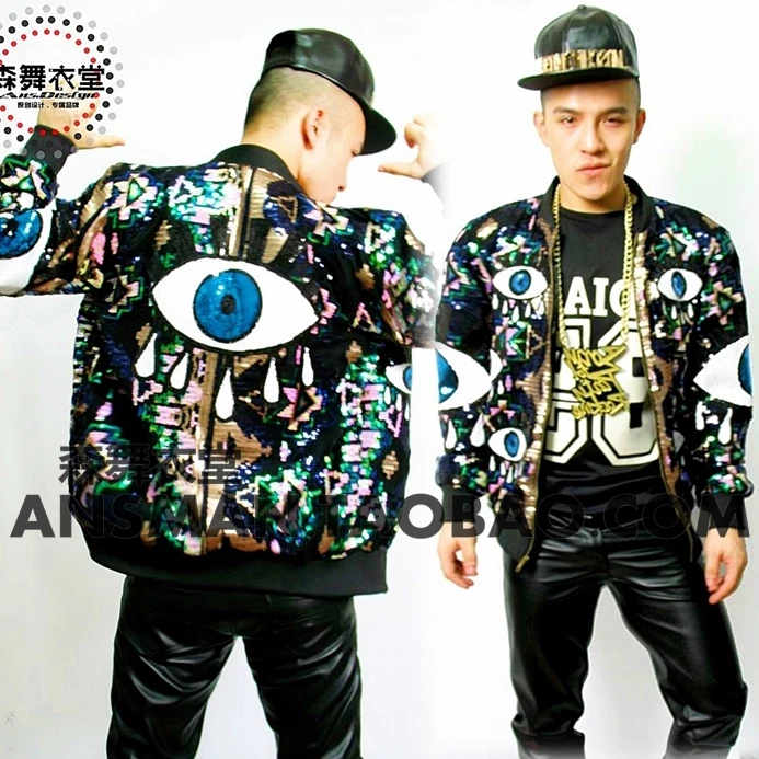 

2019 new men's clothing European and American male singer dj personality hip hop loose sequin jacket baseball uniform costume