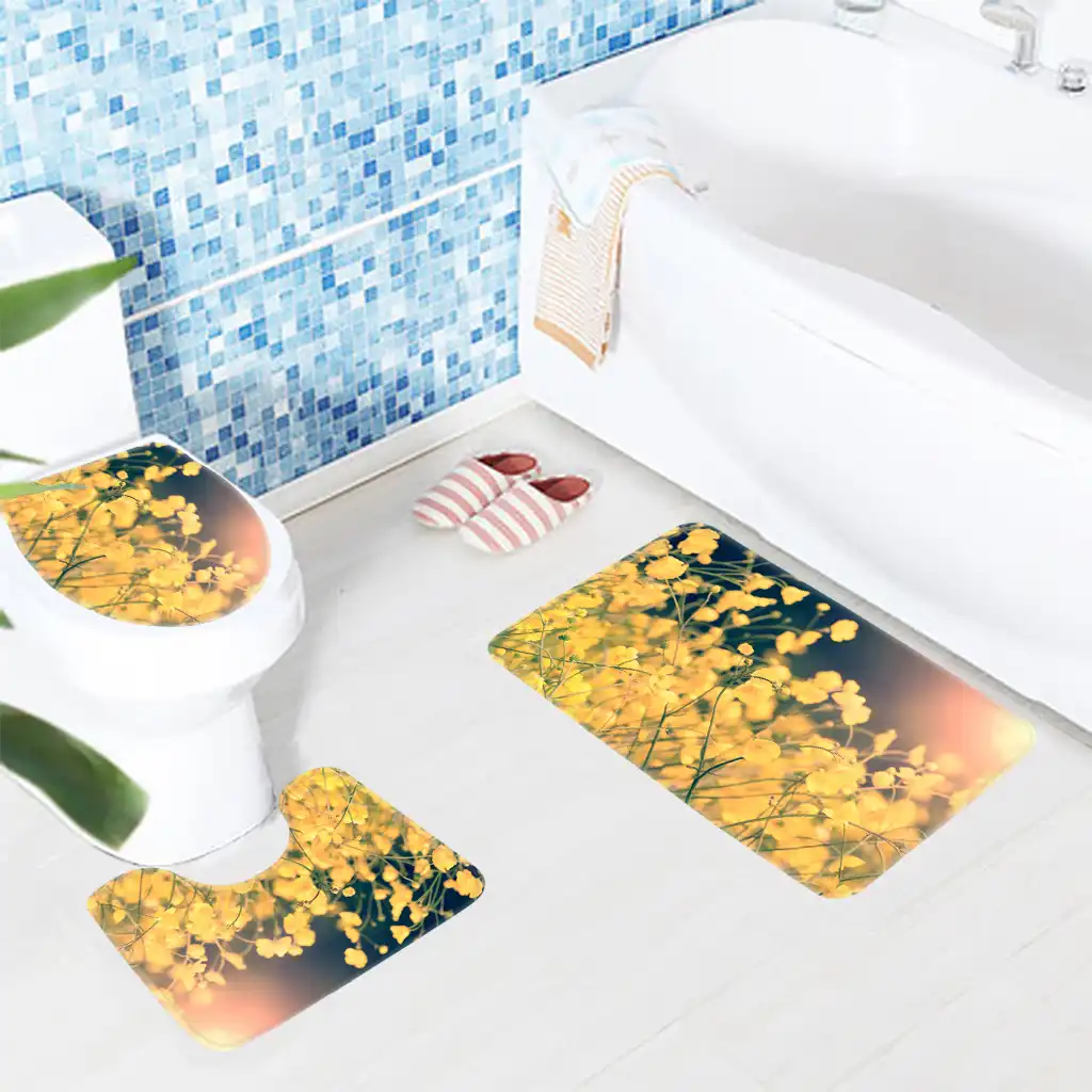 3pcs Bathroom Mat Set Yellow Flowers Pattern Bath Rug Anti Slip