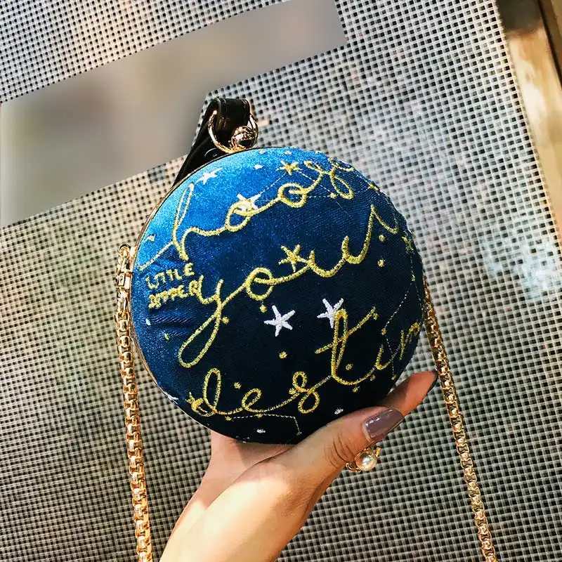 

Women Personality Round Mini Shoulder Bags Fashion Girls Chain Crossbody Bag Cute Starry Sky Embroidered Small Wrist Bag
